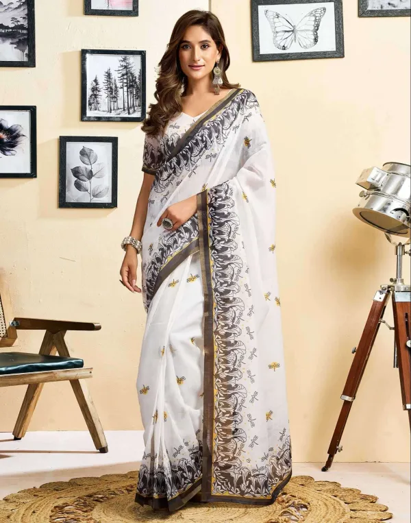 White_Linen_Printed_Saree_Batterfly