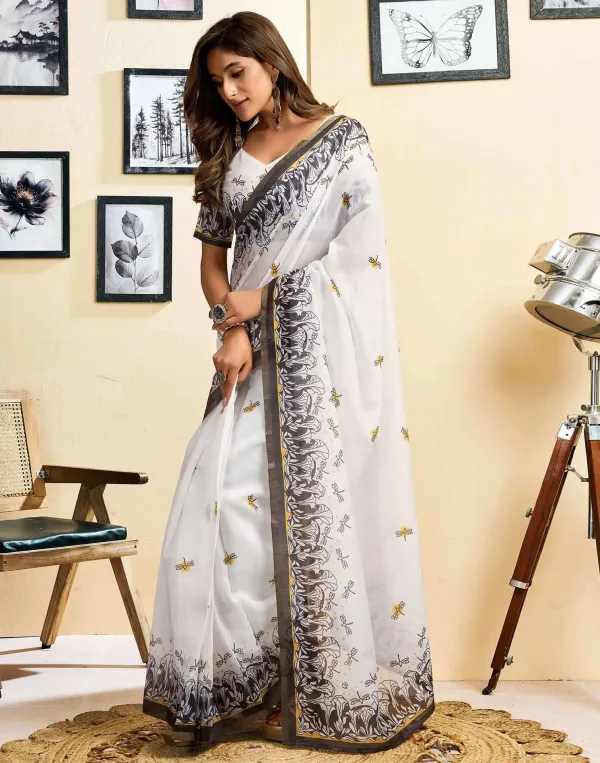 White_Linen_Printed_Saree_Batterfly