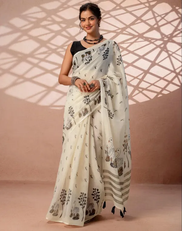 Beige_Linen_Printed_Saree