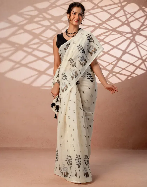 Beige_Linen_Printed_Saree