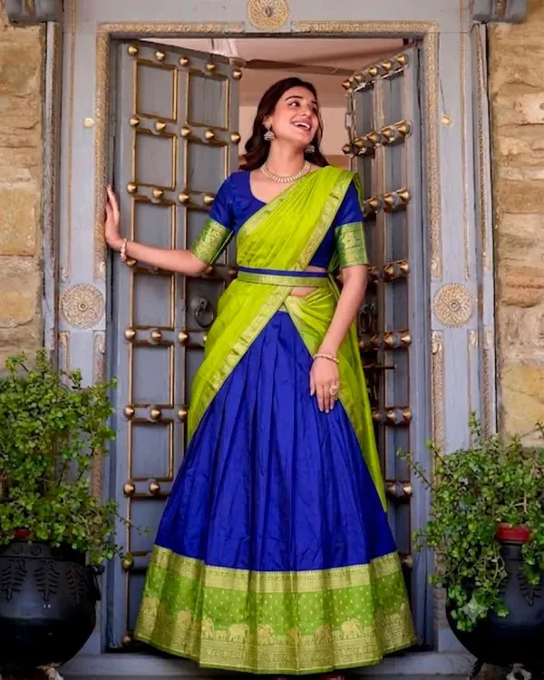 Narayan_Pattu_Lehenga_Is_A_Traditional_South_Indian_Royal_Blue_Lime_Green_Zari_Weaving_Elephant_Border_Half_Saree_Langa_Voni_Set_Veronica_Fashion_Hub