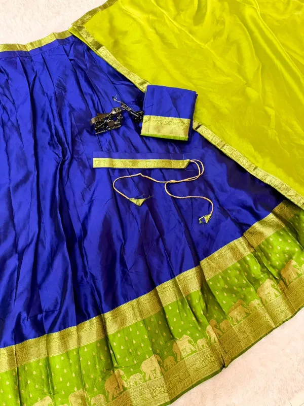 Narayan_Pattu_Lehenga_Is_A_Traditional_South_Indian_Royal_Blue_Lime_Green_Zari_Weaving_Elephant_Border_Half_Saree_Langa_Voni_Set_Veronica_Fashion_Hub