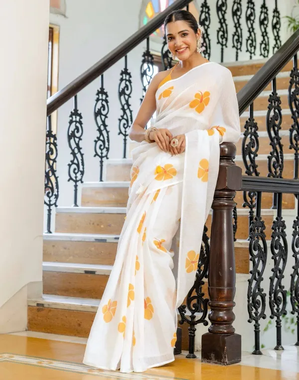 Off_White_Linen_Yellow_Floral_Printed_Saree