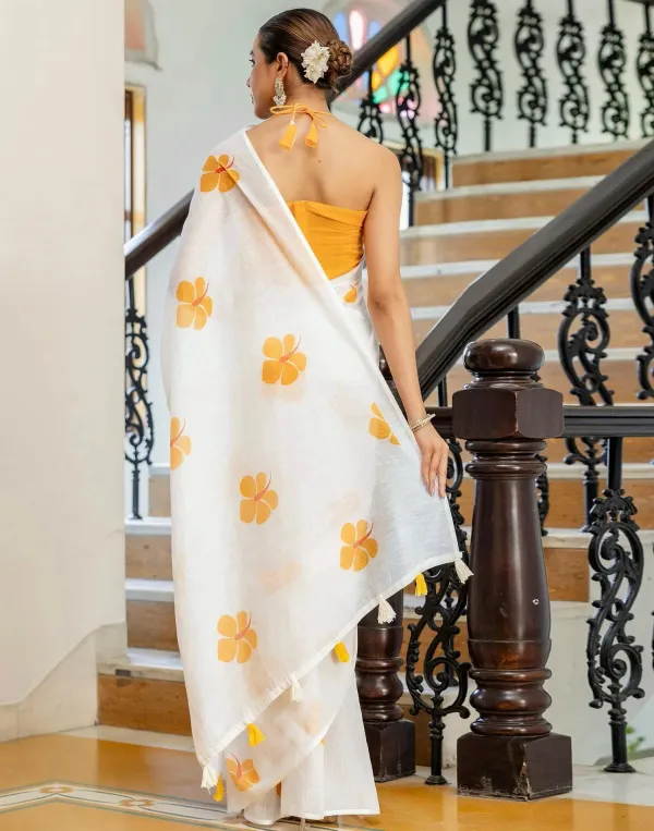 Off_White_Linen_Yellow_Floral_Printed_Saree