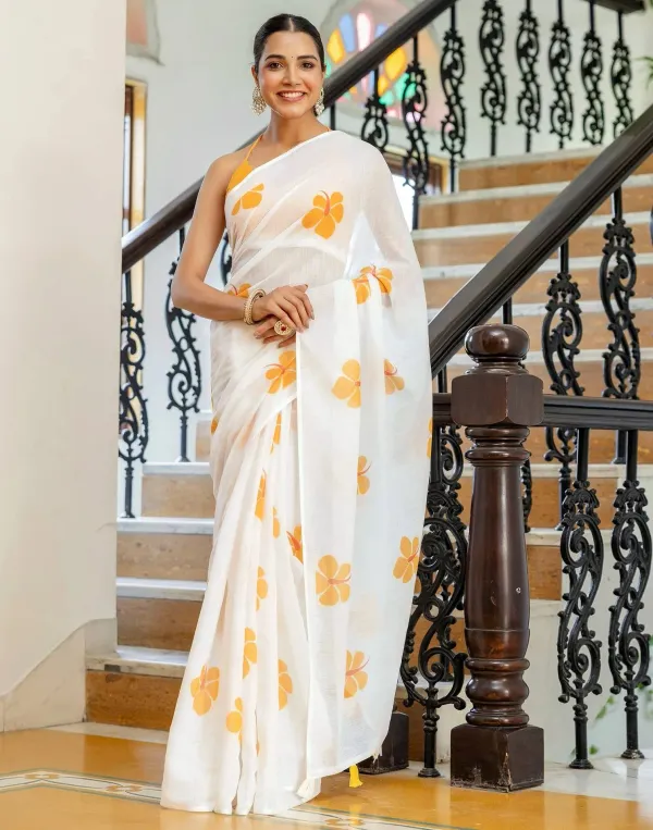 Off_White_Linen_Yellow_Floral_Printed_Saree