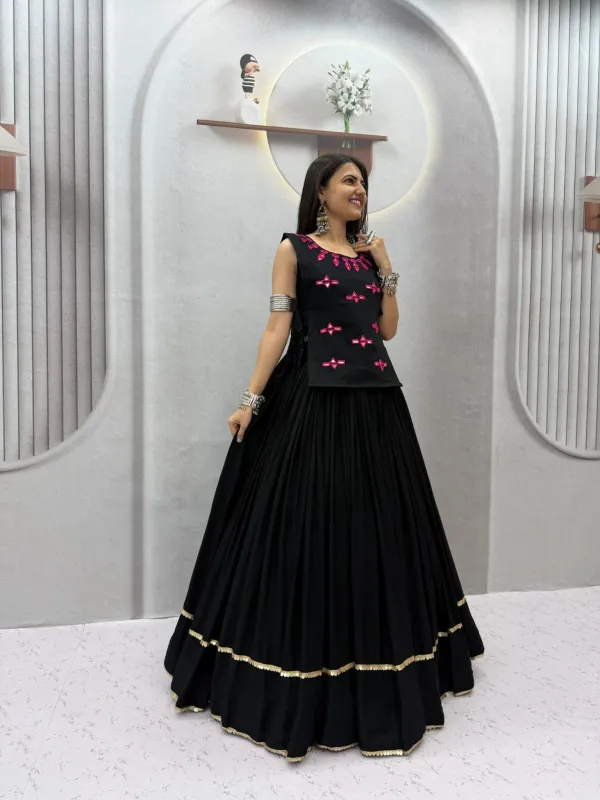 Navratri_Special_Black_Flared_Pleated_Lehenga_Choli_Set_With_Pink_Mirror_Work_Embroidered_Jacket_Veronica_Fashion_Hub