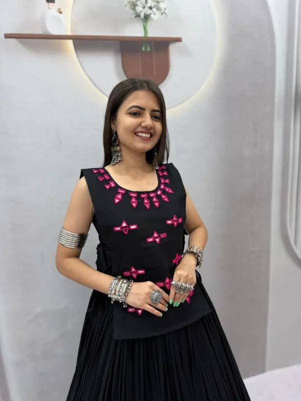Navratri_Special_Black_Flared_Pleated_Lehenga_Choli_Set_With_Pink_Mirror_Work_Embroidered_Jacket_Veronica_Fashion_Hub
