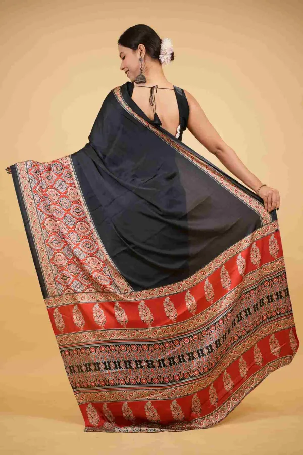 Black_Soft_Silk_Ajrakh_With_Red_Contrast_Pallu_Ready_To_Wear_Saree