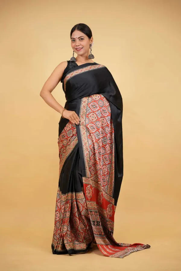 Black_Soft_Silk_Ajrakh_With_Red_Contrast_Pallu_Ready_To_Wear_Saree