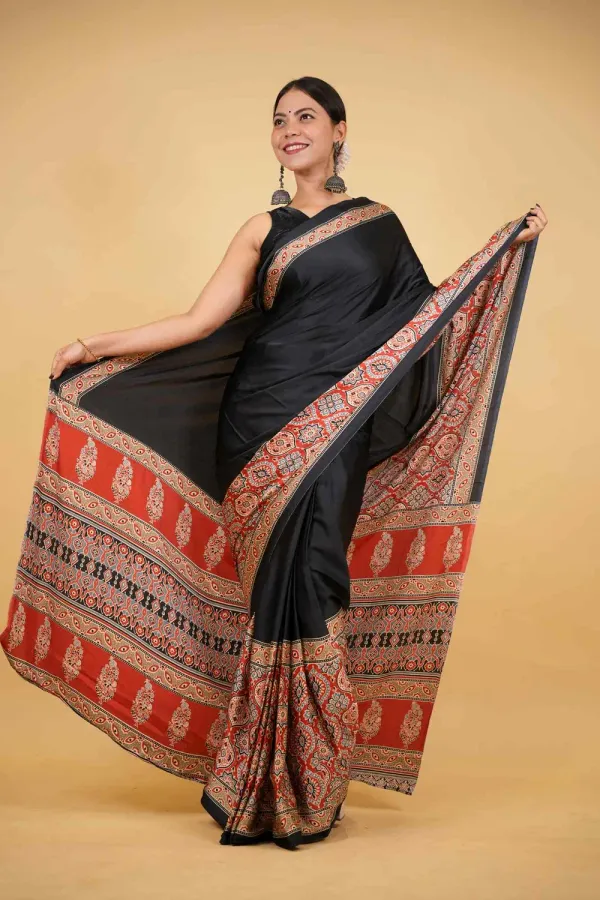 Black_Soft_Silk_Ajrakh_With_Red_Contrast_Pallu_Ready_To_Wear_Saree
