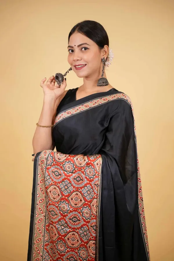 Black_Soft_Silk_Ajrakh_With_Red_Contrast_Pallu_Ready_To_Wear_Saree