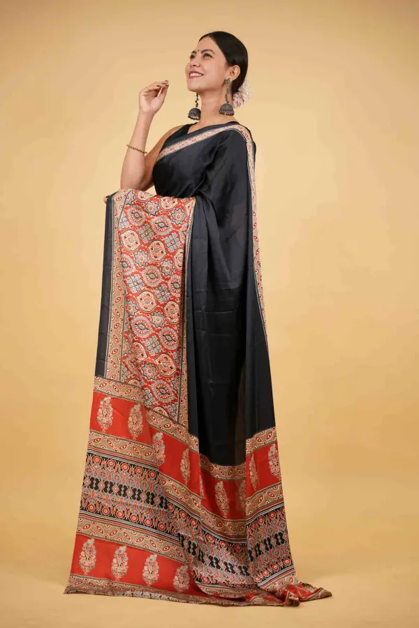 Black_Soft_Silk_Ajrakh_With_Red_Contrast_Pallu_Ready_To_Wear_Saree