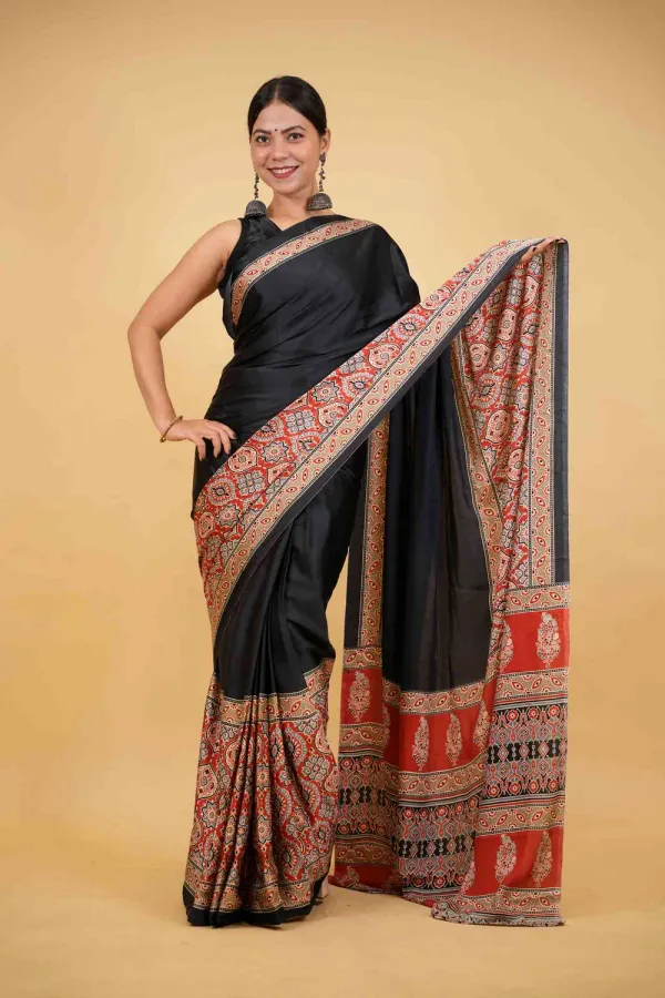 Black_Soft_Silk_Ajrakh_With_Red_Contrast_Pallu_Ready_To_Wear_Saree