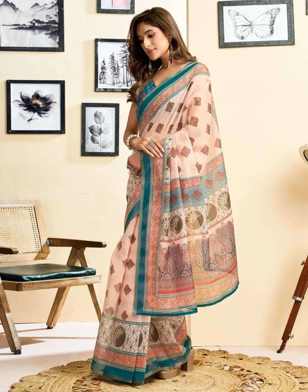 Peach_Linen_Printed_Saree