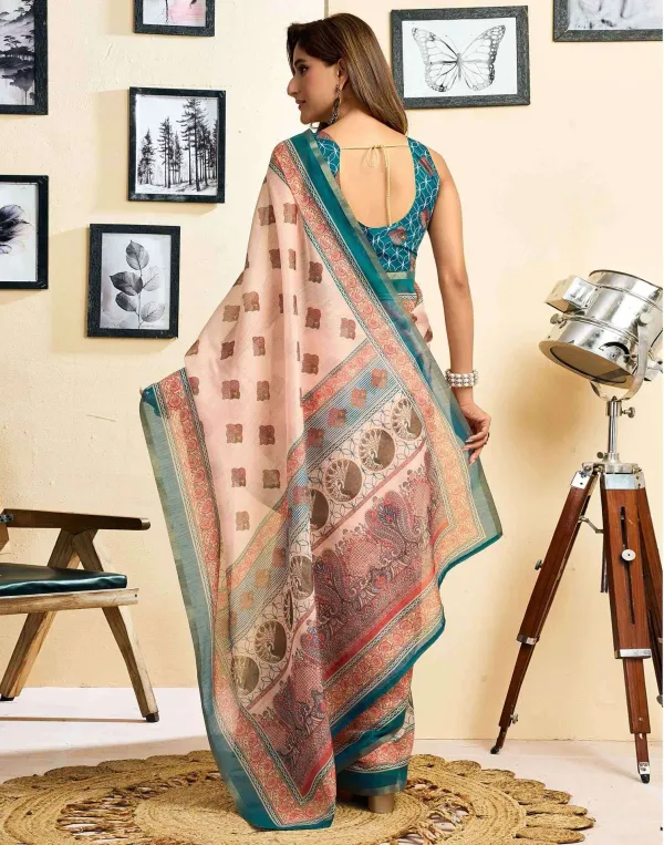 Peach_Linen_Printed_Saree