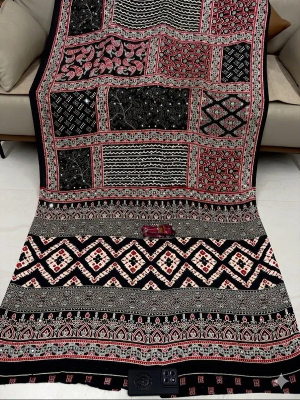 Traditional_Ajarakh_Print_Real_Mirror_Work_Cotton_Saree_For_Women