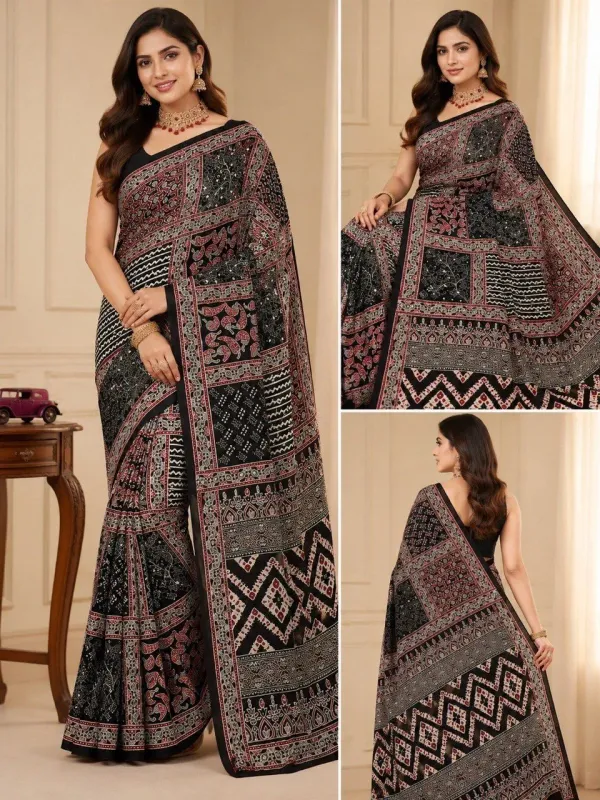 Traditional_Ajarakh_Print_Real_Mirror_Work_Cotton_Saree_For_Women