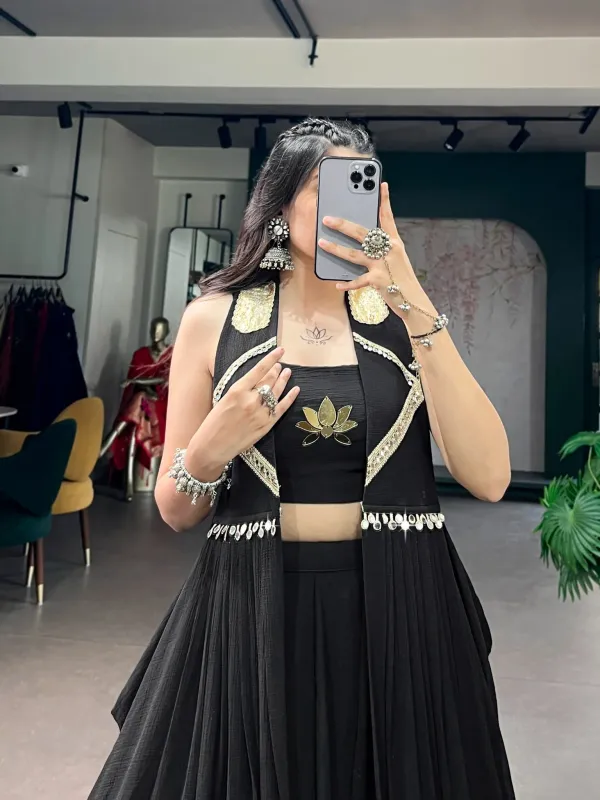 Navratri_Collection_Ready_To_Wear_Elegance_In_A_Feather_Light_Flow_Fabric_With_Lotus_Handwork_A_Graceful_Long_Jacket_By_Veronica_Fashion_Hub