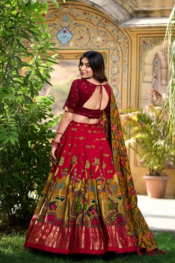 Green_Colour_Tussar_Silk_With_Kalamkari_Print_Lehenga_With_Unstitched