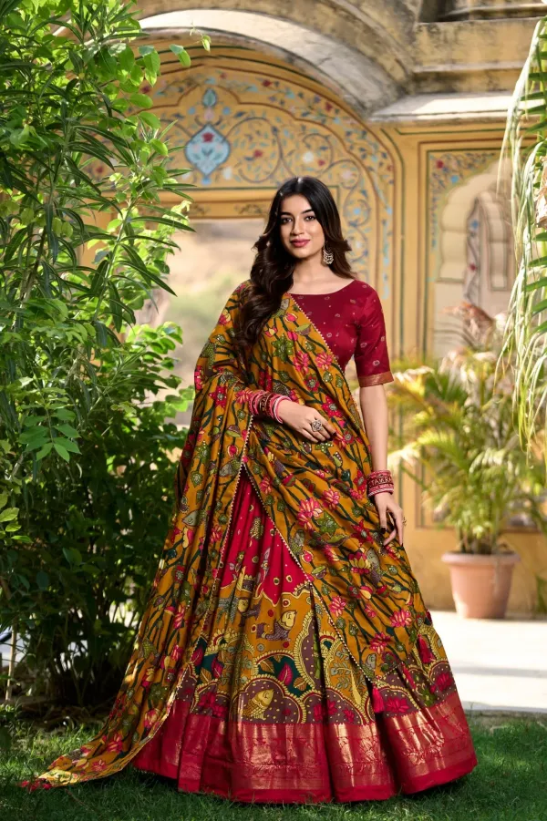 Green_Colour_Tussar_Silk_With_Kalamkari_Print_Lehenga_With_Unstitched