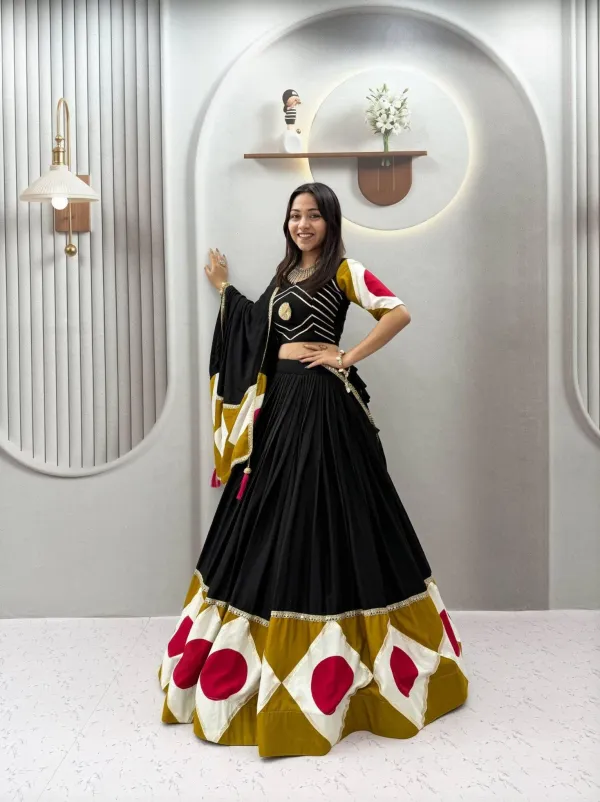 Black_Cotton_Geometric_Patchwork_Gota_Patti_Lehenga_Choli_For_Women