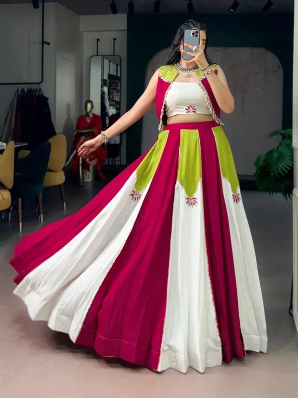 Multi_Color_White_Magenta_Lime_Green_Panel_Lehenga_Choli_Set_With_Shell_Detailing_Koti_Jacket_Veronica_Fashion_Hub