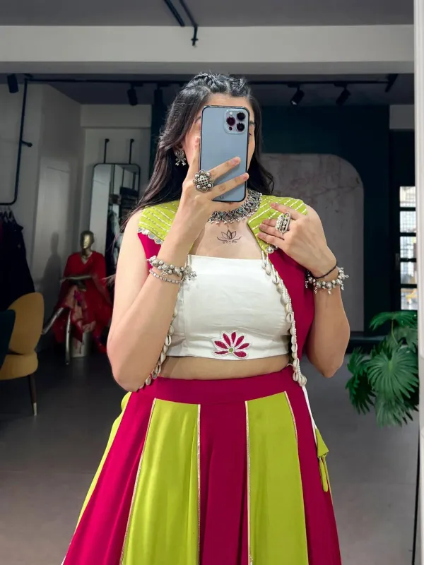 Multi_Color_White_Magenta_Lime_Green_Panel_Lehenga_Choli_Set_With_Shell_Detailing_Koti_Jacket_Veronica_Fashion_Hub