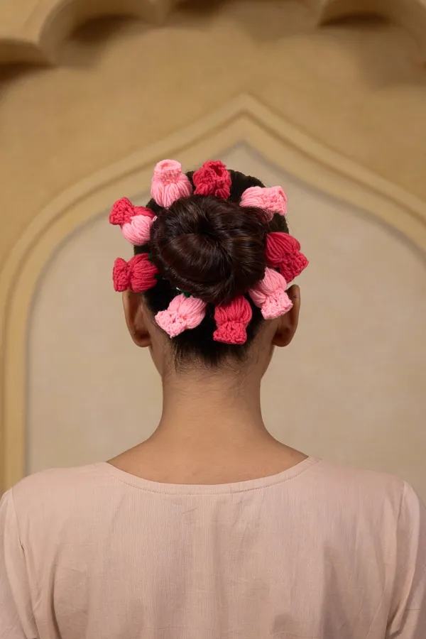 Pink_And_Red_Cotton_Crochet_Floral_Hair_Scrunchie_For_Women