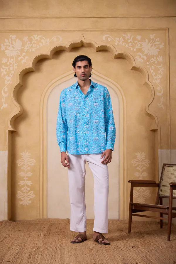 Ocean_Blue_Cotton_Linen_Block_Print_Relaxed_Fit_Shirt_For_Men