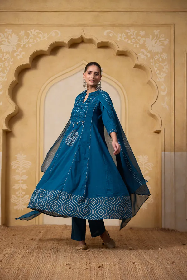 Blue_Cotton_Bandhani_Print_Anarkali_Suit_Set_For_Women