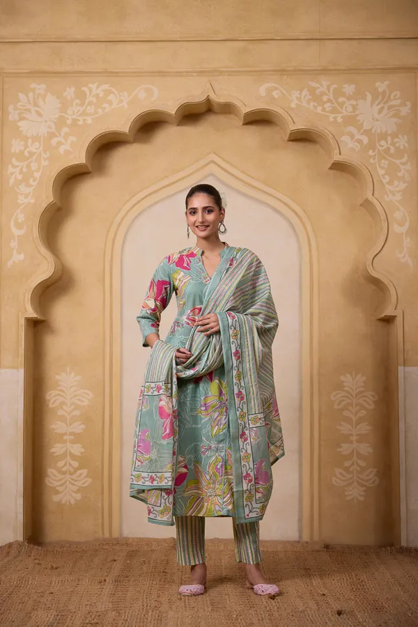 Green_Cotton_Block_Print_Floral_Kurta_Suit_Set_For_Women