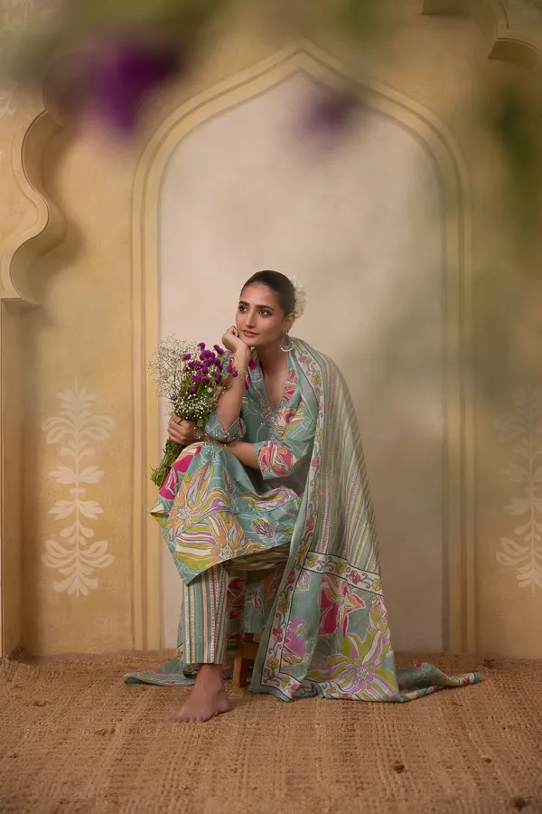 Green_Cotton_Block_Print_Floral_Kurta_Suit_Set_For_Women
