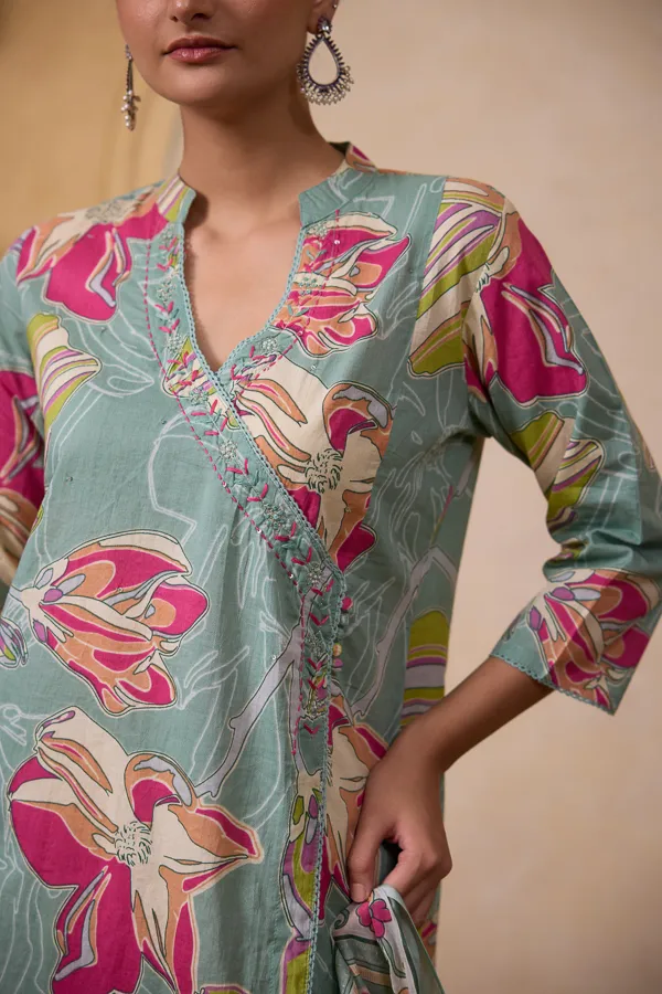 Green_Cotton_Block_Print_Floral_Kurta_Suit_Set_For_Women