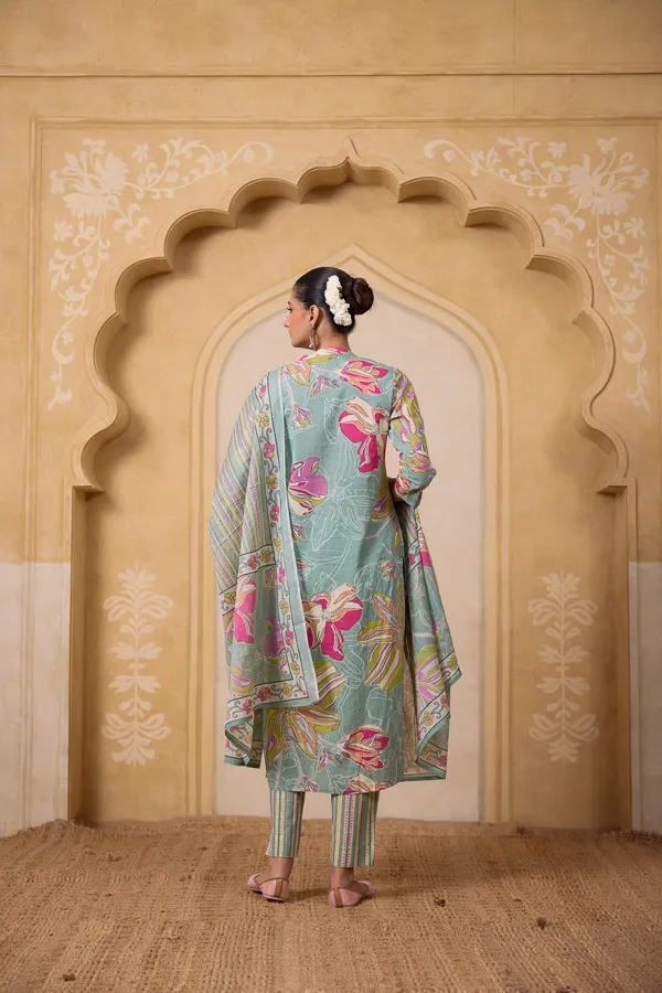 Green_Cotton_Block_Print_Floral_Kurta_Suit_Set_For_Women