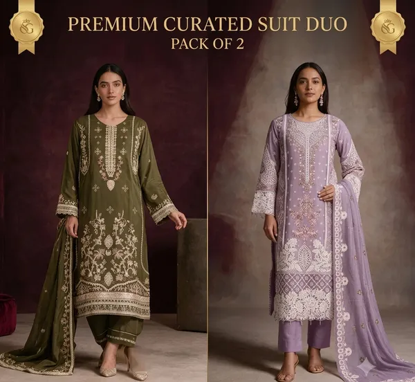 Olive_Green_And_Lavender_Muslin_And_Cotton_Embroidered_Straight_Suit_Set_For_Women_Pack_Of_2