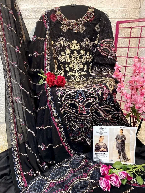 Black_Faux_Georgette_Embroidered_Suit_Set_For_Women
