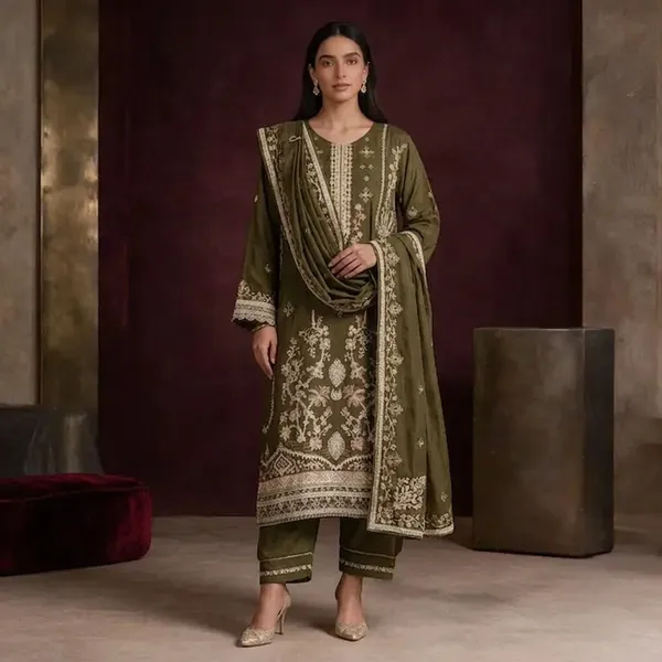 Olive_Green_Muslin_And_Cotton_Embroidered_Straight_Suit_Set_For_Women