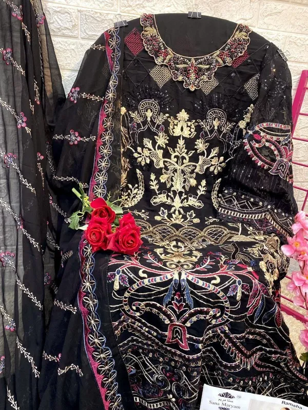 Black_Faux_Georgette_Embroidered_Suit_Set_For_Women