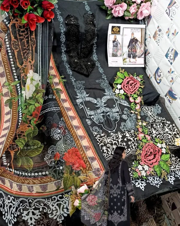 Black_Muslin_Cotton_Embroidered_Unstitched_Suit_Set_For_Women