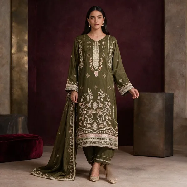Olive_Green_Muslin_And_Cotton_Embroidered_Straight_Suit_Set_For_Women
