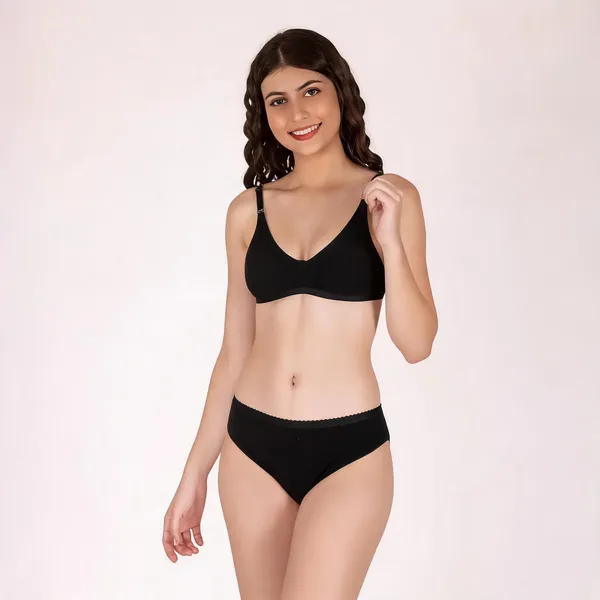 Black_Cotton_V-Neck_Bra_And_Brief_Set_For_Women