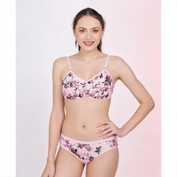 Pink_Cotton_Floral_Print_Lingerie_Set_For_Women