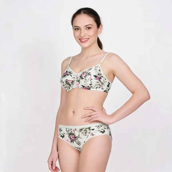 Cream_And_Pink_Cotton_Floral_Print_Lingerie_Set_For_Women