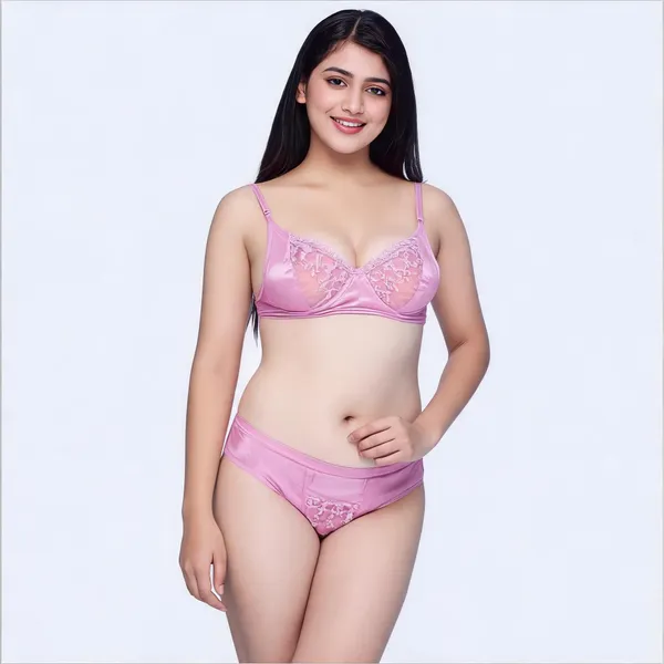 Pink_Cotton_Lace_Trim_Lingerie_Set_For_Women