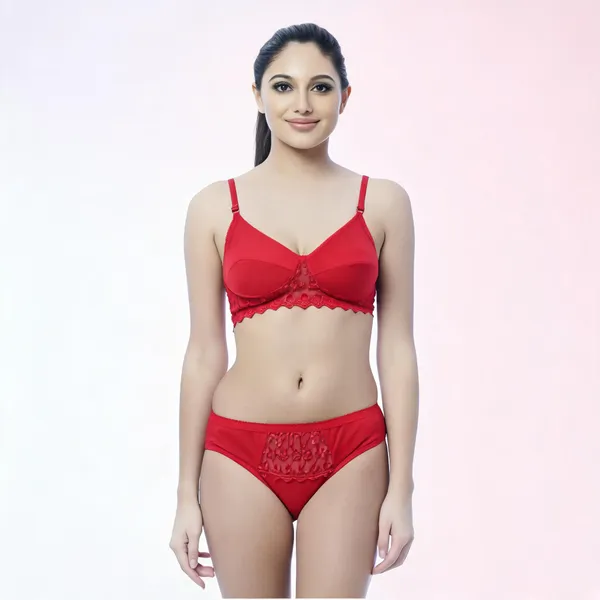 Red_Cotton_Lace_Trim_Lingerie_Set_For_Women