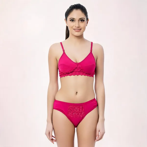 Pink_Cotton_Lace_Trim_Lingerie_Set_For_Women