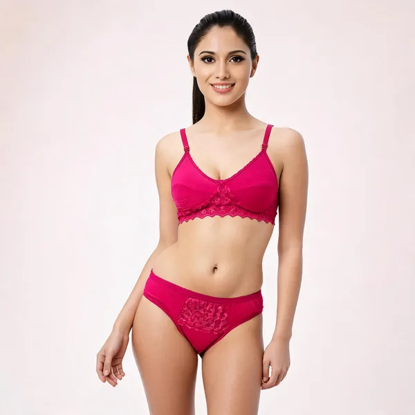 Pink_Cotton_Lace_Trim_Lingerie_Set_For_Women
