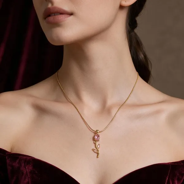 Gold-Plated_Stainless_Steel_Floral_Pink_Accent_Pendant_Necklace_For_Women