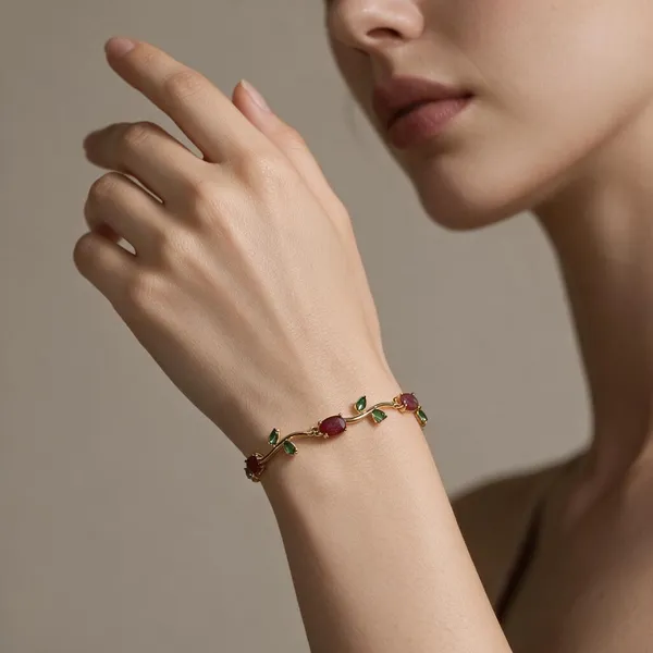 Gold-Plated_Stainless_Steel_Red_Green_Stone_Floral_Bracelet_For_Women