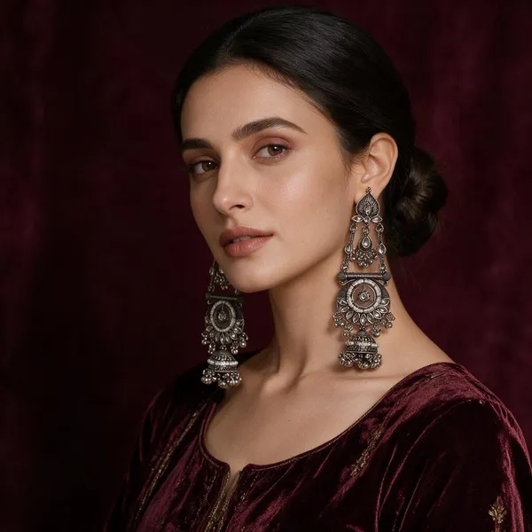 Gold_Tone_Stainless_Steel_Oxidized_Ethnic_Necklace_And_Earrings_Set_For_Women
